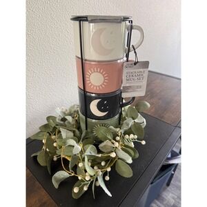 Thyme & Table Sun & Moon Collection 4 Pack Stackable Ceramic Mug Set with Rack